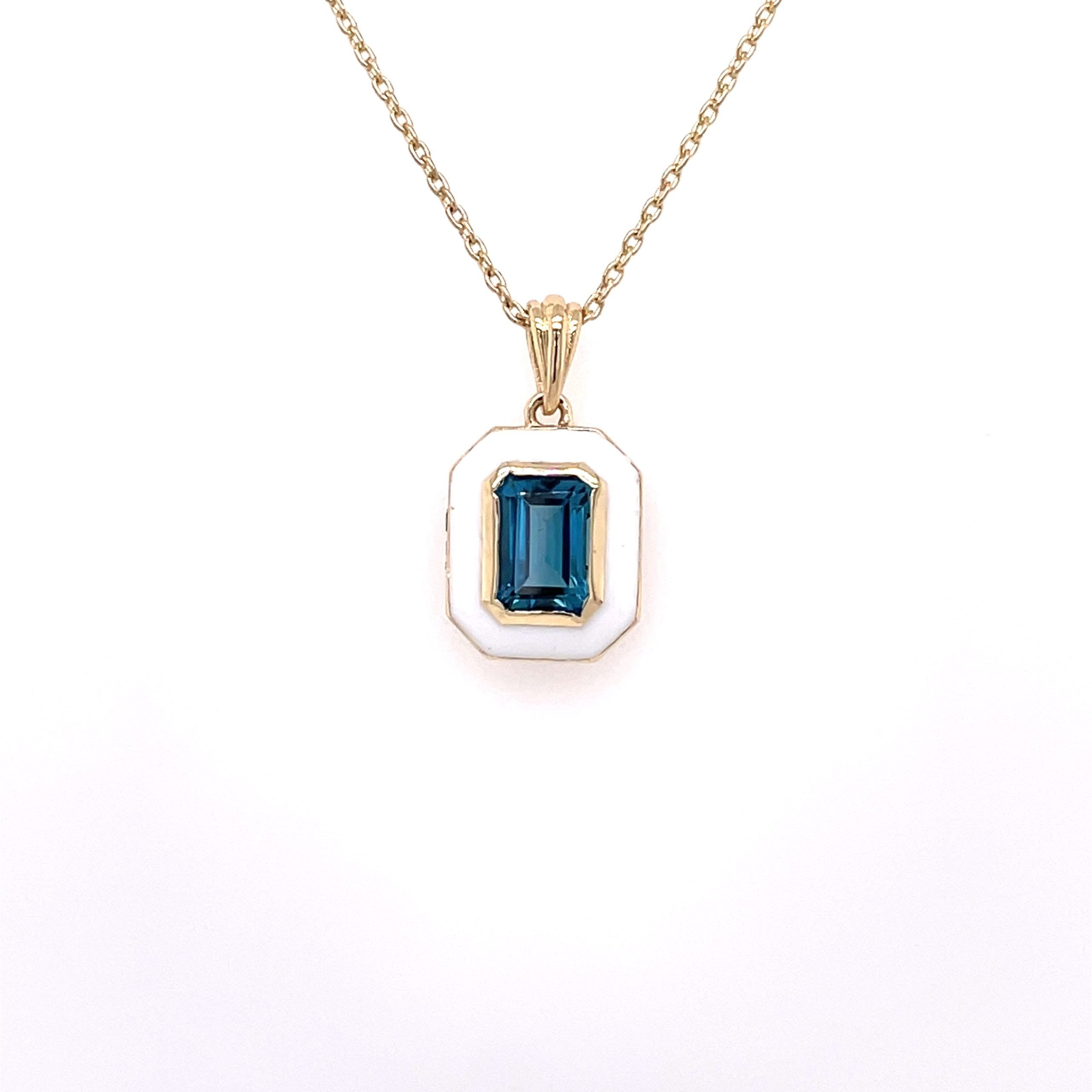 Златно колие с Лондон син топаз и бял емайл