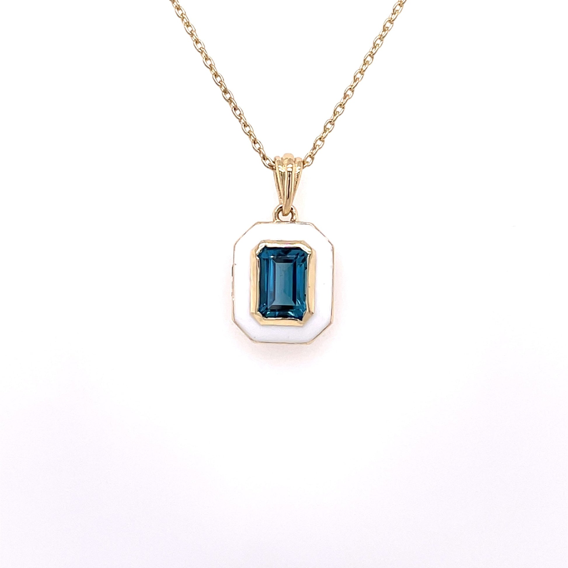 Златно колие с Лондон син топаз и бял емайл